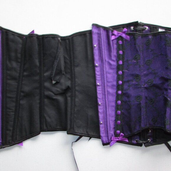 Purple Satin Black Lace Underbust Waist Cincher Corset Set - NEW - Picture 6 of 10
